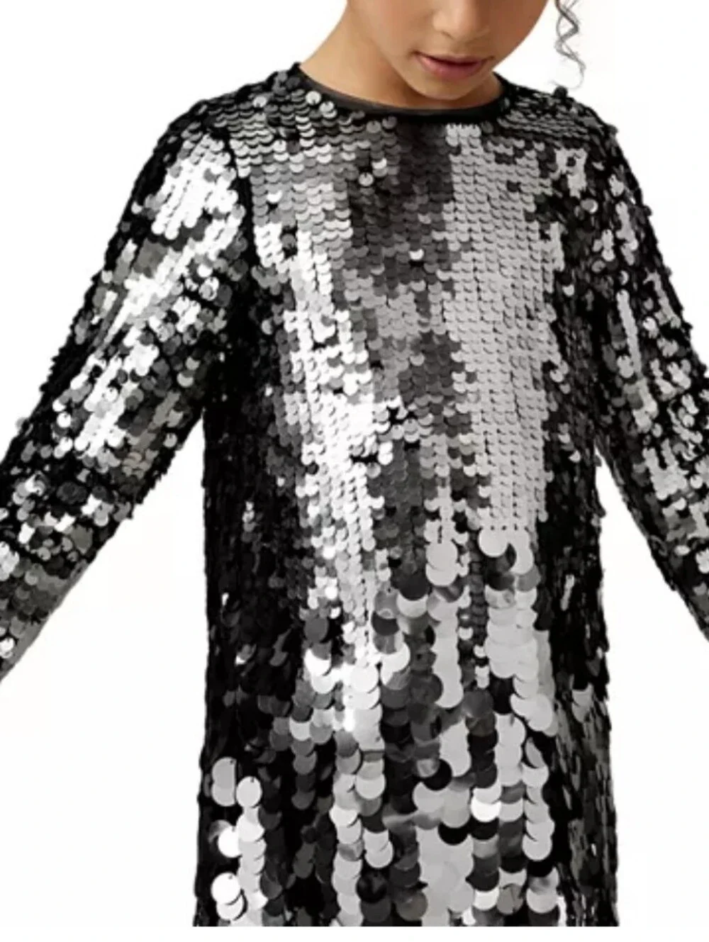 REISS Girls' Size 9-10 Hattie Black Silver Long Sleeve Sequin Dress Msrp $160
